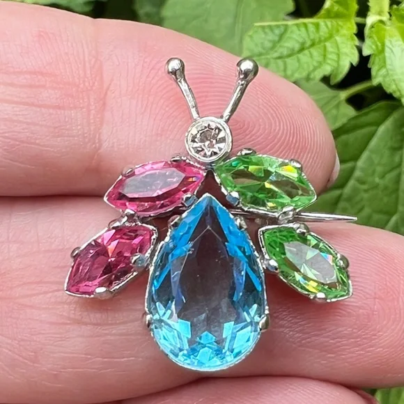 DESIGNER VINTAGE 925 SS CRYSTAL BEETLE BUG PIN BROOCH VIBRANT BLUE PINK GREEN